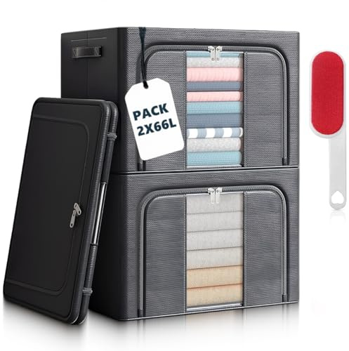 RICHXEL - 2 Cajas Almacenaje Ropa 66L para Armario de Tela Rígidas y Plegables con Tapa y Cremallera · Ventana Transparente - Caja Organizadora para Mantas y Juguetes con Quitapelusas de Regalo