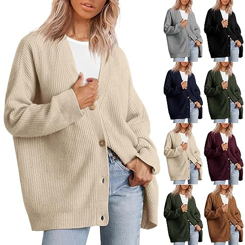 Cardigan Donna Lungo Elegante Cotone Abbigliamento Donna Autunno Leggero Maglieria Invernale Comoda Taglie Forti Golfino Girocollo a Maniche Lunghe Maglia Oversize con Bottoni(Beige,M)