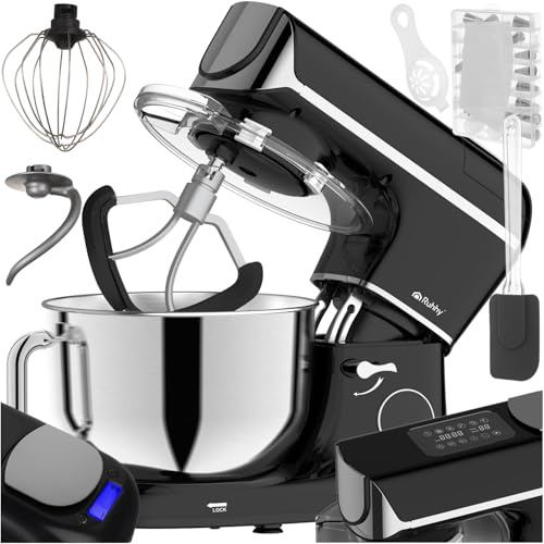 Robot de cocina con tazón de mezcla calentable de 5,5 l – RUHHY – Máquina de masa, con báscula integrada, temporizador y pantalla, 11 niveles, silencioso y potente, para pan, pizza y pasteles