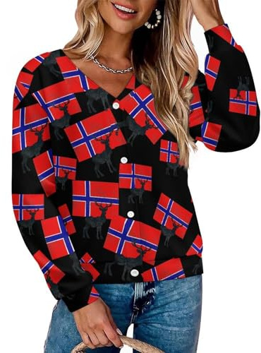 Norwegian Flag and Deer Fashion Cardigan Sweaters for Women V Neck Long Sleeve Button Up Fitted Cardigans