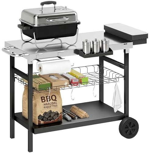 Outsunny - Postre de jardín de 3 niveles con encimera (acero inoxidable, cesta extraíble, estantes abiertos, caja de especias, 2 ruedas, 4 ganchos, asa lateral, carro para barbacoa, para plancha