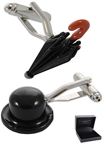 Boutons de Manchette - Avec Boîte - Pour Homme Noir - Chapeau Melon et Parapluie - Laiton - Agent de Change Banquier - Une Paire