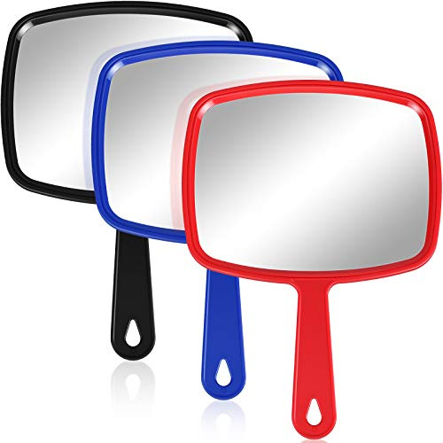 Jetec 3 Pcs Hand Handheld Mirrors with Handle Bulk, Small Portable Salon Barber Hairdressing Vanity Cosmetic Mirror for Travel, Home, Square(9.17 x 6.53 Inch,Red, Black, Blue)