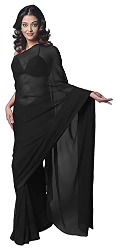 Sari Bollywood en mousseline pour femme Festival Uniforme Sari Tissu Wrap Chemisier non cousu Pièce pour fête, noir, One Size