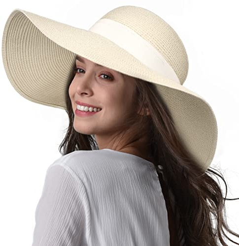 FURTALK Womens Sun Straw Hat Wide Brim UPF 80 Summer Hat Foldable Packable Floppy Beach Hats for Women Beige with Beige Band,Medium-Large