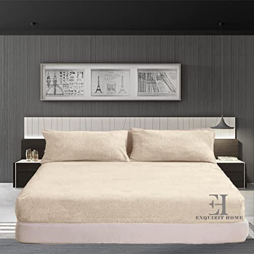 EXQUIZIT HOME® Teddy Fleece Extra Deep Fitted Bed Sheet 30cm – Super Soft Warm and Cosy Teddy Bear Fleece Bed Sheet – Ultra Soft Thermal Winter Bedding (Cream Double – 135cm x 190cm)