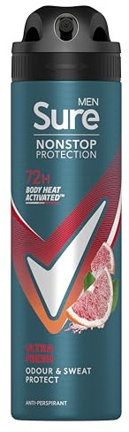 Sure Men Nonstop Protection Ultra Fresh Deodorant Body Spray Antiperspirant with a fruity scent & body heat activated technology for 72 hour odour and sweat protection 150 ml, Pack of 6