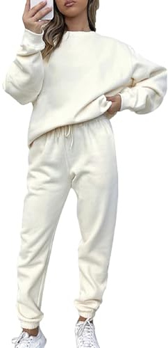 amropi Tuta da Donna Vello Foderato Pullover Felpa e Pantaloni Jogging Tute Beige,M