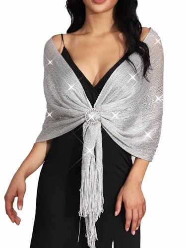 Atigy Bufandas para mujer festivo con purpurina metálica, chales con flecos, para fiesta de boda, para vestido de noche, plata, Talla única