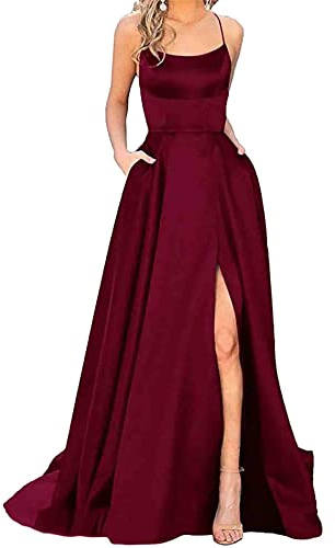 xxxiticat Damen Elegant Lange Ballkleider mit Taschen Satin A-Linie Backless Hochzeitskleid Abendkleider Sexy Neckholder Spaghetti Brautkleid Kleider Lang Prinzessin Brautjungfer Kleid (WR-M)