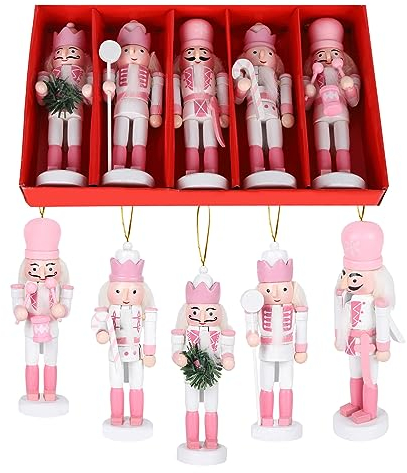 5 Pcs Cascanueces Soldado Rosa,13 cm de Navidad de Madera Soldado Cascanueces,Adornos Cascanueces de Navidad, Cascanueces de Madera Set Soldados para la decoración del árbol de Navidad