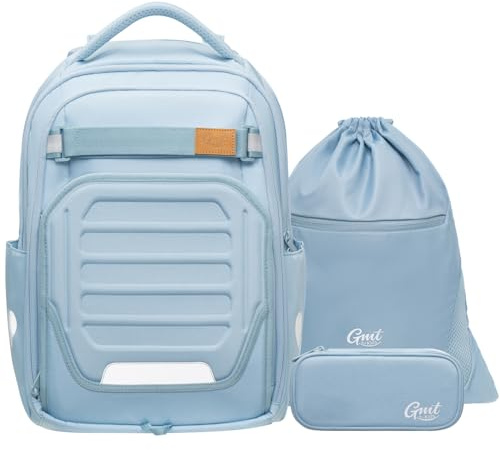 GMT for Kids Schulranzen Set 3-teilig - Ergonomische Schultasche Mädchen Groß Schulrucksack für 4-9 Klasse Rucksack 32 L-Nilblau