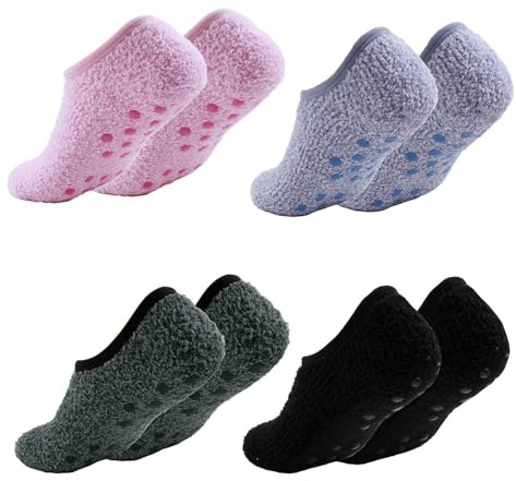 OMCGG Lot de 4 paires Chaussettes Hiver Antidérapantes, UK 4-7 Chaussettes Moelleuses pour Pantoufles Chaussettes de Lit Thermiques Antidérapantes Chaussettes Pelucheuses pour Mommes et Femmes