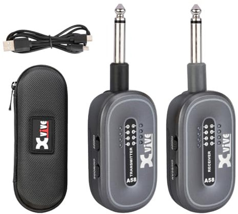XVIVE A58 - Sistema Wireless Digitale per Chitarra Elettrica Acustica e Basso, Trasmissione in Banda 5,8Ghz - Fino a 5 Ore di Autonomia, Custodia e Doppio Cavo USB per Ricarica Inclusi, Jack Snodati