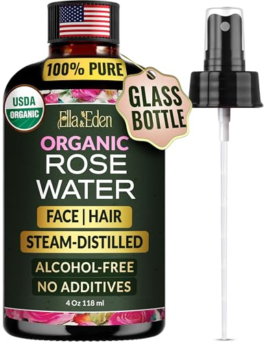Ella & Eden Organic Rose Water Spray for Face, Hair - Hydrating, Refreshing Face Mist - USDA Certified 100% Pure Steam Distilled Hexane-Free - 4 Fl Oz