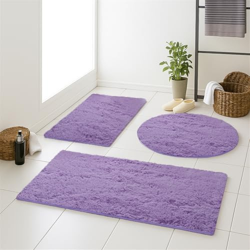 Liveinu Tappeti Bagno Antiscivolo, Tappeto Pelo Lungo, Tappetino Bagno Morbido e Assorbente, Per il bagno, la doccia, la vasca da bagno o come tappetino WC, Viola chiara, 80x80cm