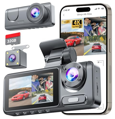 Dash Cam Front and Rear with 32GB SD Card, 4K Full HD Dash Camera for Cars, 3 Channel Dash Cam with G-Sensor, Loop Recording, 170°Wide Angle, Night Vision, 24H Parking Mode