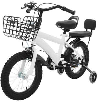 Mqwdxzfes Vélo pour enfant de 14 pouces avec roues stabilisatrices et siège arrière, siège réglable, panier avant, hauteur réglable, vélo débutant pour garçons et filles de 3 à 7 ans (blanc/noir