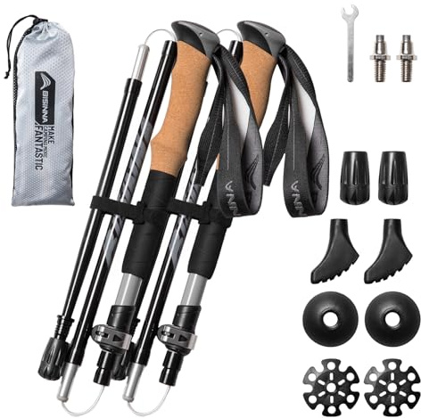 BISINNA Vandringsstavar, 7075 aluminium, hopfällbar, justerbar, lätt, snabblåssystem, 2 längder, för vandring, camping, bergsklättring, set med 2
