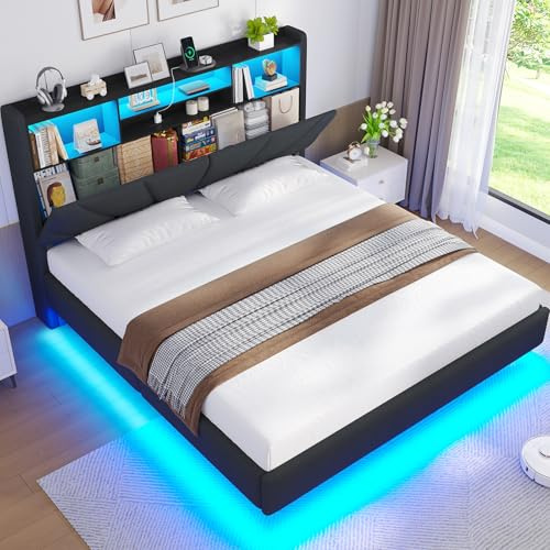 Brinlawb 5ft Floating King Size Bed Frame with LED Lights & Charging Station (2 AC Sockets, 1 USB-A, 1 USB-C Port) Upholstered Headboard, Openable Backrest Design with Hidden Storage Compartment, Grey
