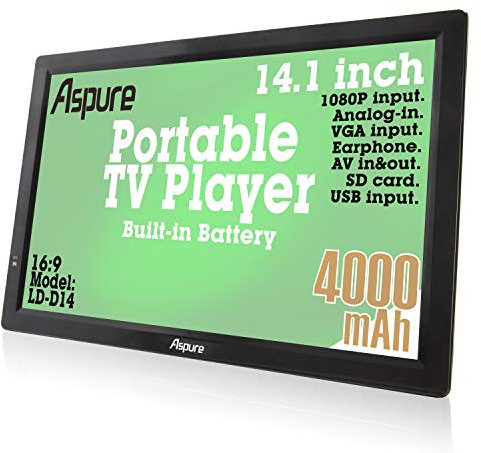 14 Inch Portable Digital DVB-T2 TFT HD Screen Freeview LED TV for Car,Caravan,Camping,Outdoor,Kitchen.Built-in 4000mAh Battery Television/Monitor with Multimedia Player FM function USB card ASPURE