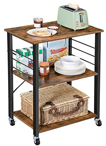VASAGLE Kitchen Shelf on Wheels, 23.6 Inches Serving Cart with 3 Shelves, Kitchen Cart, Microwave Shelf, for Mini Oven, Toaster, with 6 Hooks, Industrial Style, Rustic Brown and Ink Black UKKS60XV1