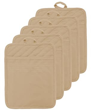 VEIKERY Oven Pot Holder with Pocket Cotton Heat Resistant Coaster Potholder Kitchen Hot Pad Oven Mitts for Cooking Square 7x9Set of 5 (Khaki)