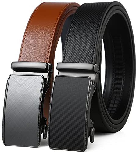 2-pack spärrbälte 1 3/8 tum, herrläderklänningsbälte i presentset storlek 71 cm – 157 cm justerbar midja trim för att passa, Kolfiber svart/brun, 28-42 Waist Adjustable