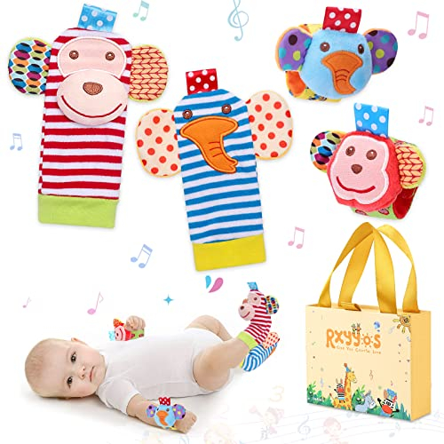 Baby Rasseln Spielzeug Handgelenk Und Socken, Rassel Baby Plüschtiere Entwicklungs-Spielzeug für 0-12 Monate Neugeborene, Mädchen und Jungen, Baby Geschenk 4PCS (Stil 3)