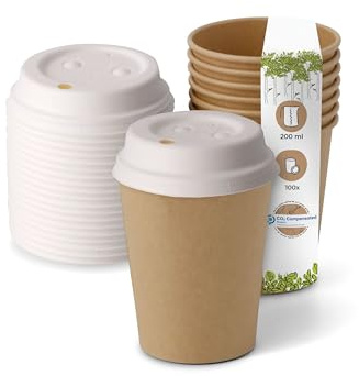 BIOZOYG Bicchieri Monouso Compostabili Bio con coperchio di carta I Bicchieri Usa e Getta Bicchieri di Carta I 100 Tazze di Cartone da Caffè da Asporto Marrone non Sbiancate 200 ml 8 oz