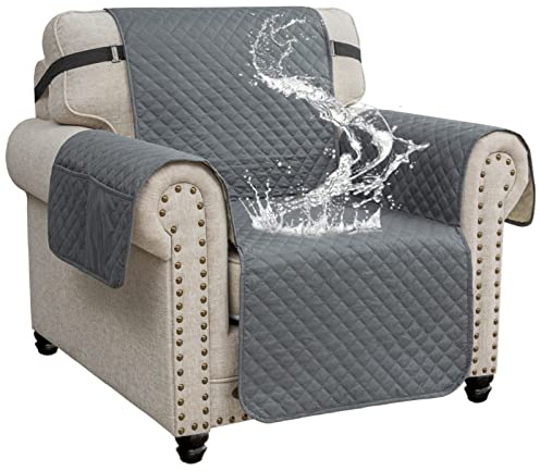 XINEAG Quilted Sofa Covers 1 Seater, Water Resistant Chair Covers for Dogs Pets, Non Slip Sofa Slipcovers with Pockets, Washable Furniture Protector with Elastic Strap (Chair, Dark Grey)