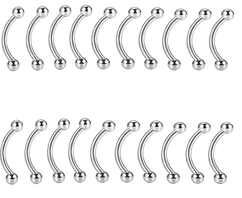 Heuvipens Bulk 20pc 16G Surgical Steel Curved Barbell 6mm-14mm Eyebrow Bar Ball Cone Ring Ear Piercing Jewelry Set