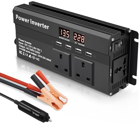 LVYUAN Power Inverter 2000W DC 12V to 240V AC Car Converter with 4 USB, 3 AC Sockets and LED Display Black