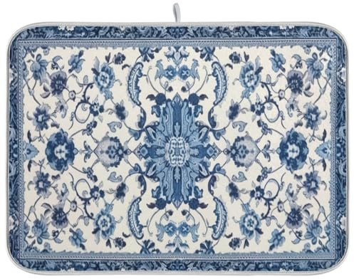 Wassud Dish Drying Mat Kitchen Counter Absorbent Blue and White Pattern Coffee Sink Mat Dish Drainer Pad 18 Inch x 24 Inch
