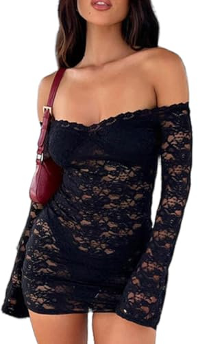 Fuimsul Women Sexy See Through Floral Lace Bodycon Mini Dress Y2k Skinny Long Sleeve Off Shoulder Mesh Lace Short Dress Black