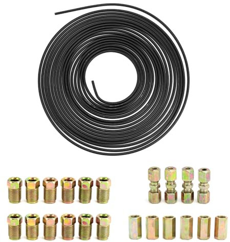 QWORK® Bremsleitung Ø 4,75mm Set, 5 m Verkupfertes Stahl-Bremsrohr mit M10 Verschraubungen und Verbinder, für Automobil Hydraulik- und Kraftstoffsysteme