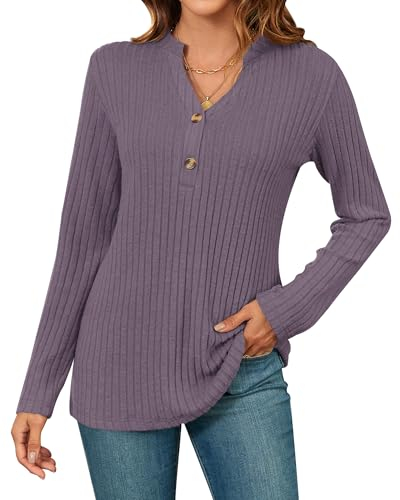 WNEEDU Damen Pullover Herbst Winter Leichte Langarmshirt Langarm Oberteile Sweatshirt V-Ausschnitt Pullover mit Knöpfen 2024 Lila S