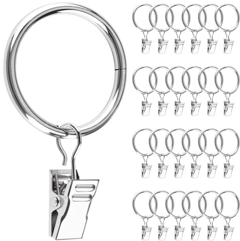 Caianwin 25 Stück Vorhangringe Metall Gardinenringe mit Clips 32mm Innendurchmesser Curtain Rings für Stange Fenster Tür Duschvorhang Wäscheleine(Silber)