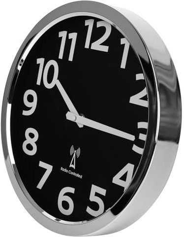 Crosstime Analoge Funk Wanduhr mit Edelstahl Rahmen, Hohe Genauigkeit, Große Zahlen Leicht zu Lesen, Funkuhr für Wohnzimmer, Büro, Küche Dekor - Schwarz,30cm