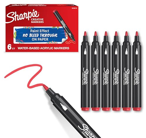 Sharpie Creative Marker Acrylic Paint Pens | Bullet Tip Water-Based Paint Markers | Red | No-Bleed Ink Writes on Most Surfaces | Crafting & Art Supplies | 6 Count