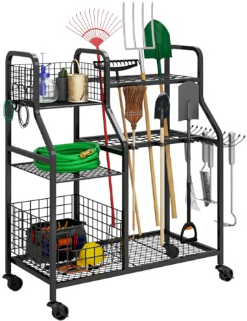 CStern Support pour Outils de Jardin avec Roues - Rangement 3 Étages pour Garage