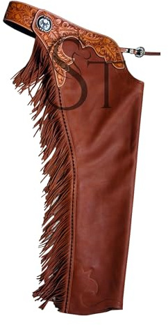 Chaps Western Rodeo Cowboy Chaps in vera pelle di vacchetta, da lavoro, per equitazione, equitazione, esibizione, protezione, Chinks 001 (grande)