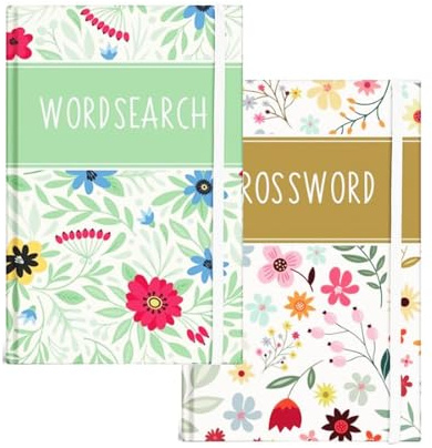 Sixstore A6 Pocket Travel Set of 2, Word Search and Crossword Puzzle Book, Size 15 x 10.5cm with Elastic Band, Floral