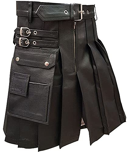 Mens Black Leather Gladiator Kilt - Heavy Duty Utility Kilt for LARP, Biker & Fetish Wear, Adjustable Belt & Straps (Standard, Black, Waist 42 x Length 24)