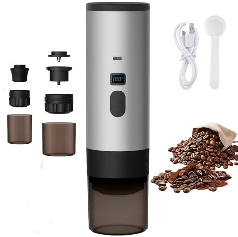 QIAKEFE Macchina per caffè portatile, 3 in 1, per caffettiera, 12 V, ricaricabile, caffè espresso, 90 ml, per prenotare acqua, compatibile con capsule e caffè macinato, per ufficio campeggio e auto