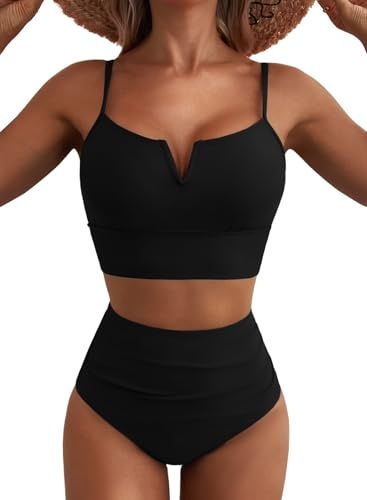 Herseas Womens 2 Piece Bestselling Bikini Cutout High Waisted Tummy Control Swimsuit Full Coverage V-Wire Bathing Suit Modest Push Up Swim Suit Black Medium