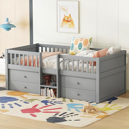 Halvhög säng med integrerade lådor och säkerhetsräcken, furu, stege och minimalistisk design, utrymmesbesparande, funktionell och hållbar