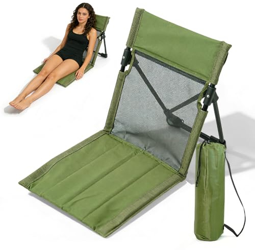 Zinueen Cojín de suelo con respaldo – Tumbona plegable de playa ligera, silla de playa y silla de suelo, silla de playa plegable para camping, pícnic, jardín, playa (verde)