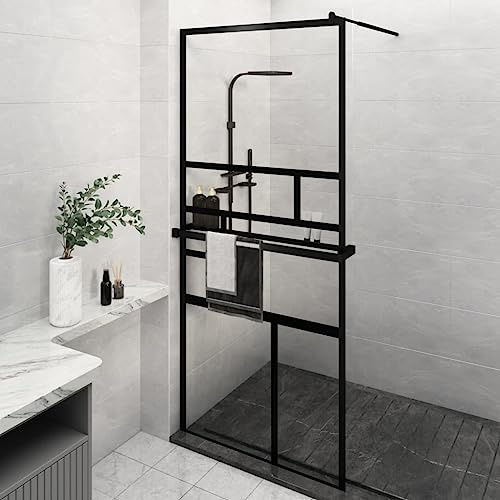 Walk-in Shower Screen 39.4 x 76.8 Black Profile, Frameless ESG Safety Glass Shower Enclosure with Integrated Storage Shelf and Adjustable Support Bar