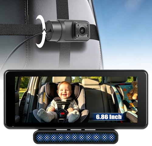 Cámara Bebé Coche 6.86 Pulgadas Pantalla Táctil, Monitor Bebé Auto con CarPlay Android Auto, Visión Nocturna Gran Angular 720P, Cámara Asiento Trasero con Soporte Magnético y Luz de Color